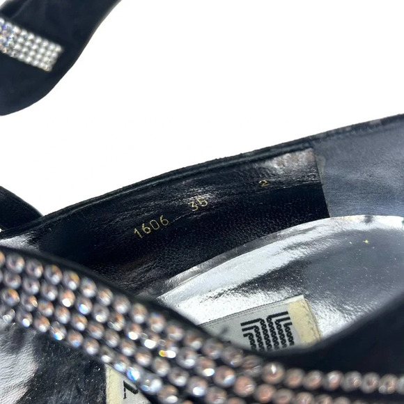 Lanvin Paris Vintage Black Satin Suede Rhinestone Band Bumps Size 35‎ / US 5 - Picture 3 of 8
